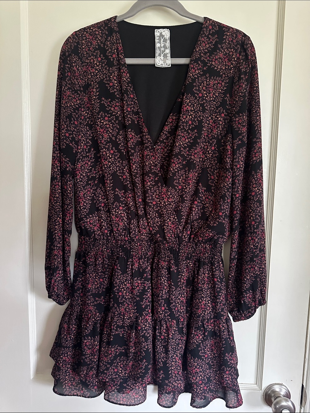 Sadie & Sage Black Floral Wrap-Style Tiered Mini Dress